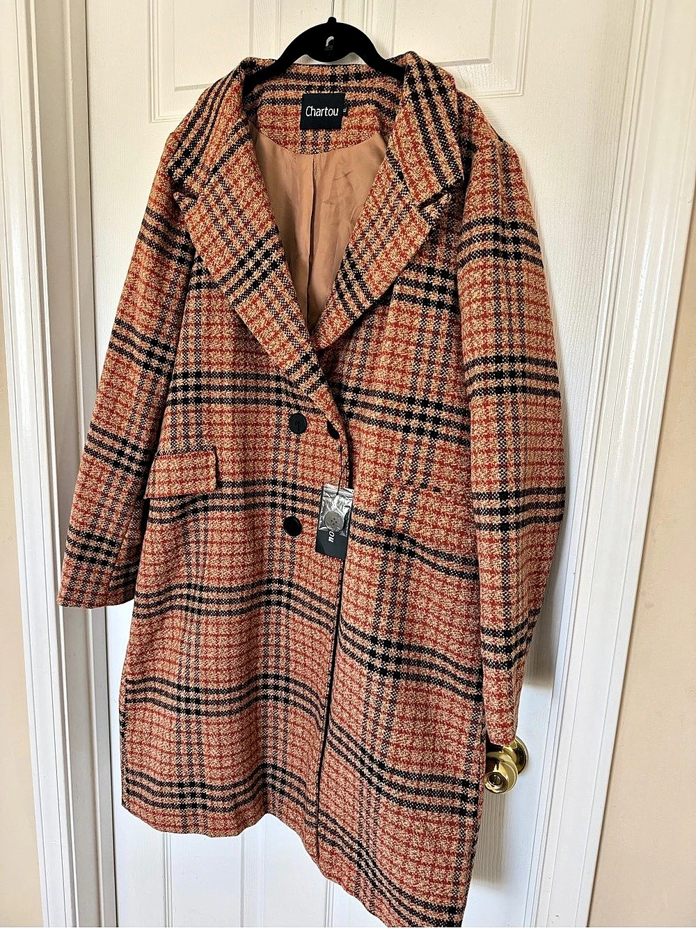 NWT Chartou Plaid Double Breasted Wool Blend Long Coat XL Camel Rust Black Fall